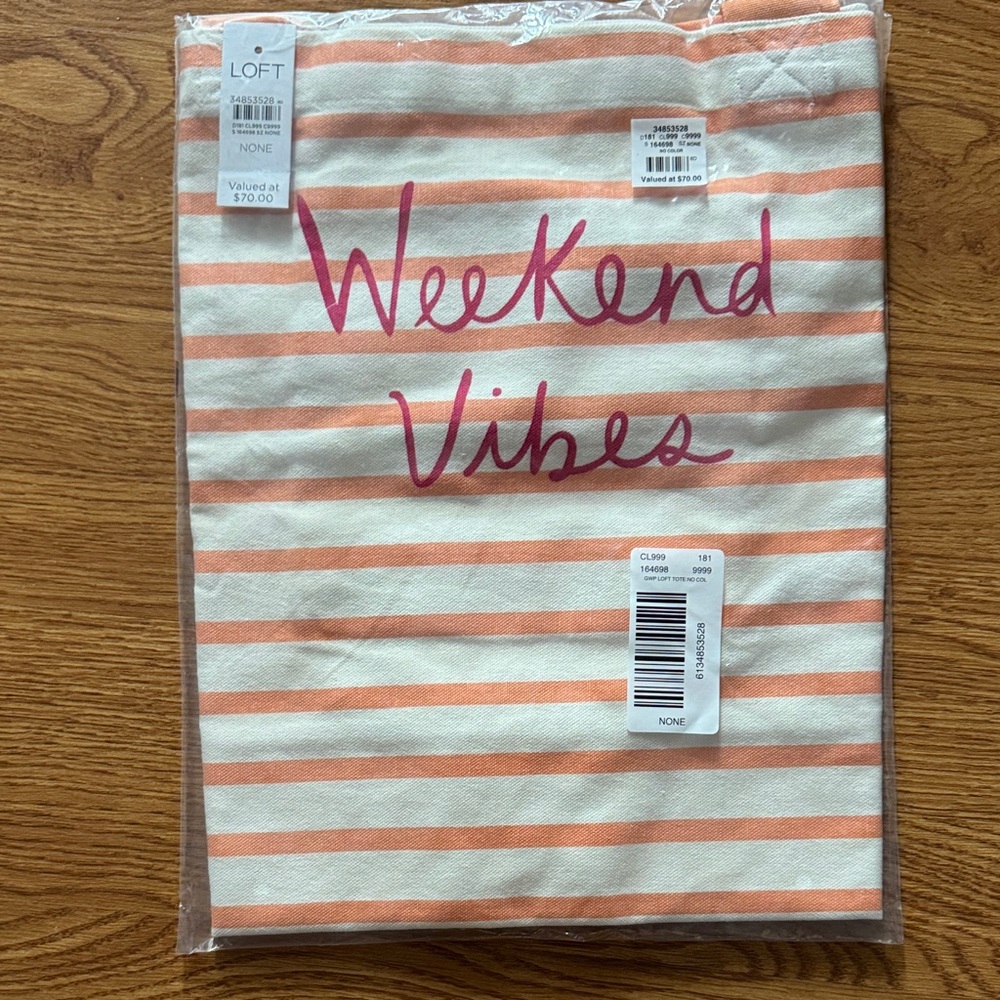 LOFT Cream and Peach Striped 'Weekend Vibes' Tote